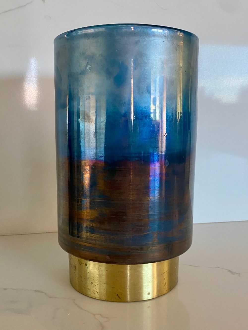 Anthropologie gold + navy vase / candle holder